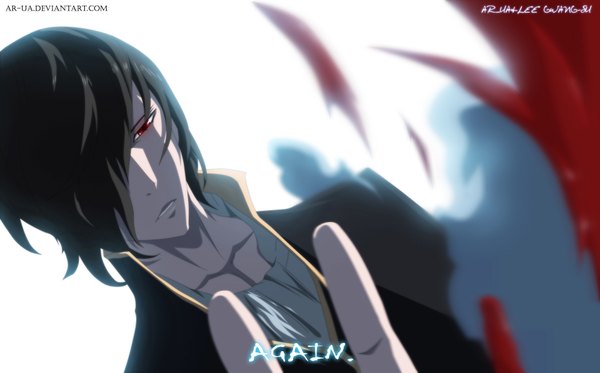 Anime picture 1920x1195 with noblesse cadis etrama di raizel ar-ua single fringe highres short hair black hair red eyes wide image white background hair over one eye inscription coloring smoke boy blood cloak