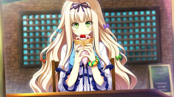 Anime picture 1280x720 with 1/7 no mahoutsukai kanzaki ema tel-o single long hair looking at viewer blush fringe blonde hair wide image green eyes game cg eating wrist scrunchie girl bow hair bow bracelet sweets ring