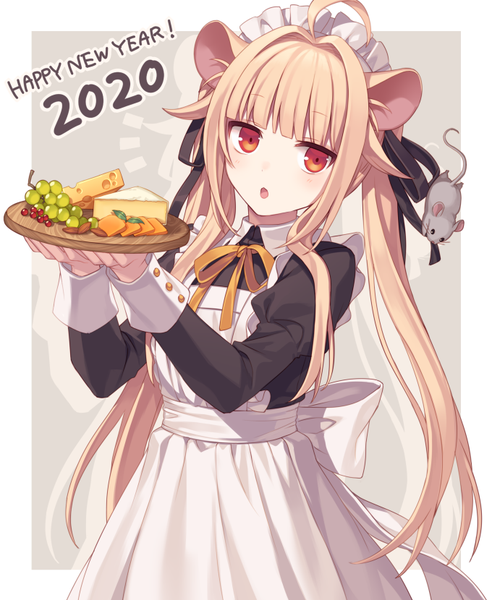 Anime picture 680x830 with original hijiri (resetter) single long hair tall image blonde hair red eyes twintails animal ears ahoge maid new year happy new year 2020 mouse ears girl uniform animal food headdress