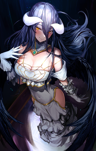 Anime picture 2678x4197 with overlord (maruyama) madhouse albedo (overlord) marse (rokudaime) single long hair tall image looking at viewer blush fringe highres breasts light erotic black hair smile hair between eyes large breasts standing bare shoulders yellow eyes