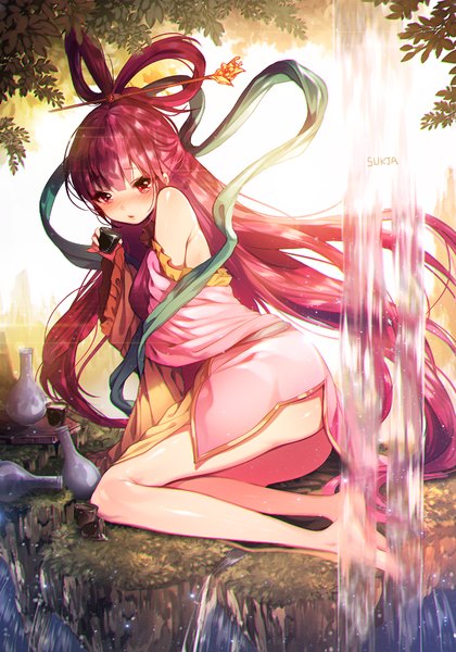Anime picture 700x1000 with magi the labyrinth of magic a-1 pictures ren kougyoku sorolp single tall image looking at viewer blush fringe light erotic red eyes sitting bare shoulders signed red hair very long hair barefoot hair bun (hair buns) waterfall girl