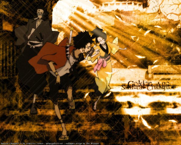 Anime picture 1280x1024 with samurai champloo mugen (samurai champloo) jinnosuke fuu (samurai champloo) japanese clothes boy sword glasses kimono yukata