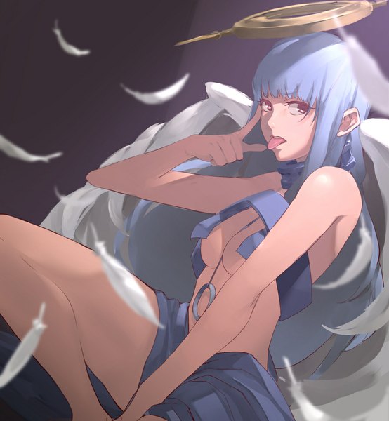 Anime picture 1000x1083 with original adam... single long hair tall image looking at viewer fringe breasts light erotic simple background purple eyes bare shoulders blue hair barefoot angel girl wings tongue feather (feathers) halo