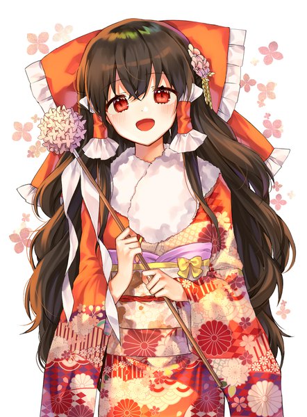 Anime picture 1180x1600 with touhou hakurei reimu cheunes single long hair tall image looking at viewer blush open mouth red eyes brown hair white background traditional clothes :d japanese clothes new year kikumon girl hair ornament bow