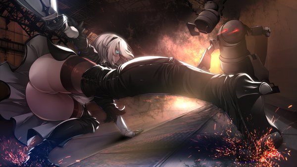 Anime picture 2560x1440 with nier nier:automata yorha no. 2 type b torisan single fringe highres short hair open mouth blue eyes light erotic wide image holding looking away silver hair ass from behind arm support from below outstretched arm