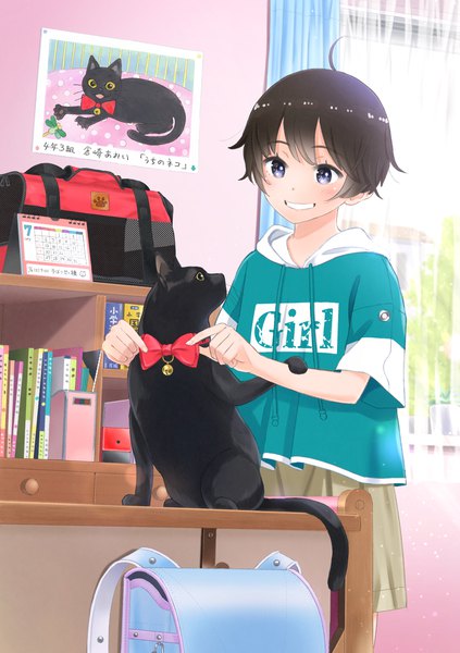 Anime picture 1631x2315 with original taka (tsmix) single tall image blush fringe short hair black hair smile standing holding looking away ahoge indoors grey eyes grin clothes writing girl bow animal