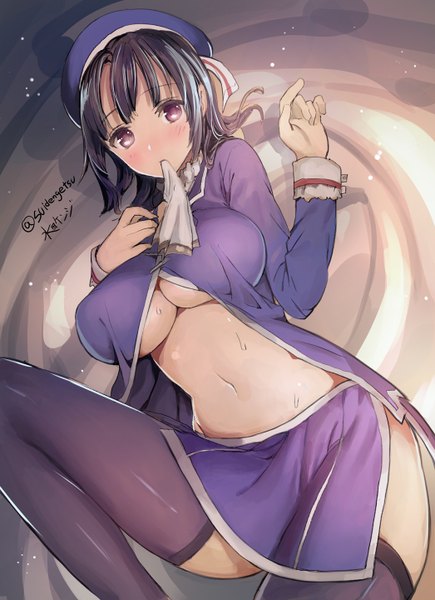 Anime picture 1046x1440 with kantai collection takao heavy cruiser mizuta kenji (suidengetsu) single tall image looking at viewer short hair breasts light erotic black hair large breasts purple eyes holding signed lying no bra bare belly on back sweat mouth hold