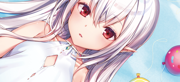 Anime picture 1628x751 with original komeshiro kasu single long hair looking at viewer blush fringe open mouth hair between eyes red eyes wide image bare shoulders payot white hair pointy ears dutch angle sleeveless close-up girl balloon