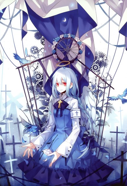 Anime picture 2086x3054 with dhiea long hair tall image highres red eyes blue hair braid (braids) girl flower (flowers) animal wings bird (birds) halo cross gears