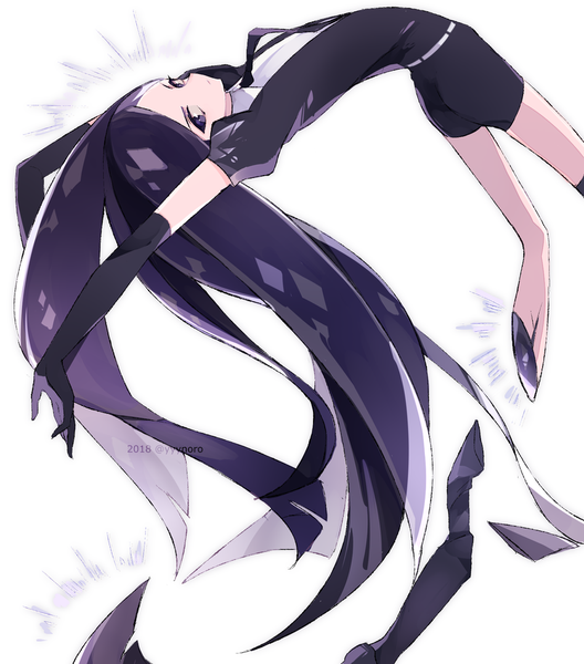 Anime picture 836x950 with houseki no kuni bort captain yue single tall image looking at viewer black hair simple background white background signed very long hair black eyes twitter username arched back androgynous 2018 amputee gloves uniform black gloves