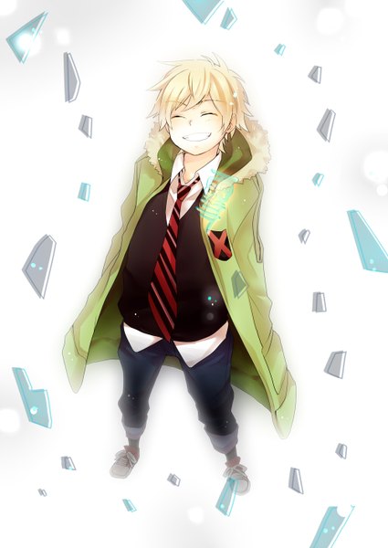 Anime picture 1000x1412 with noragami studio bones yukine (noragami) kinoka single tall image fringe short hair blonde hair smile standing white background eyes closed from above alternate costume happy lacing hands in pockets broken boy