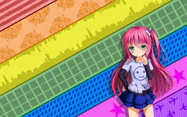 Anime picture 1920x1200 with noucome douraku utage adiim single long hair looking at viewer blush highres wide image green eyes pink hair ponytail shadow loli hand on hip side ponytail girl dress bow hair bow