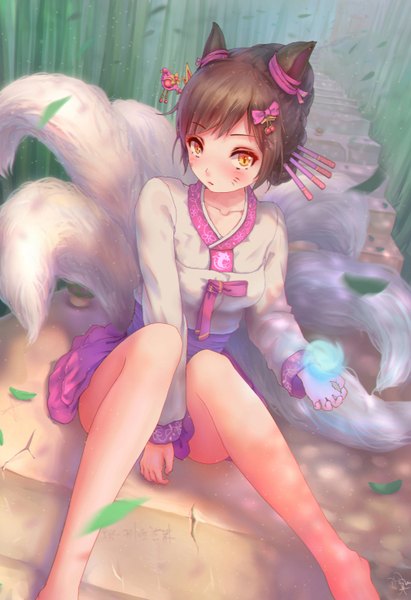 Anime picture 1010x1474 with league of legends ahri (league of legends) jay xu single tall image looking at viewer blush fringe brown hair sitting animal ears yellow eyes bent knee (knees) tail traditional clothes japanese clothes animal tail arm up bare legs hair bun (hair buns)