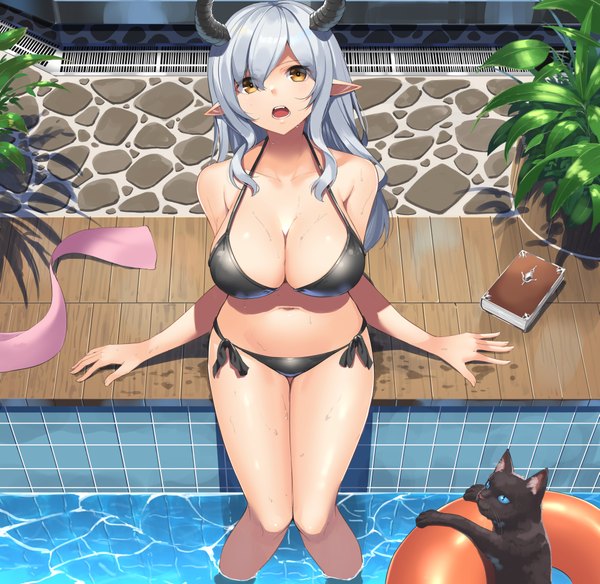 Anime picture 3825x3728 with original suiroh (shideoukami) single long hair looking at viewer blush fringe highres breasts open mouth light erotic hair between eyes large breasts bare shoulders yellow eyes payot absurdres cleavage silver hair outdoors