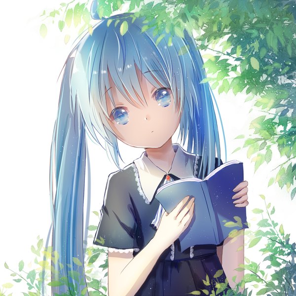 Anime picture 900x900 with vocaloid hatsune miku yuu mo single long hair looking at viewer fringe blue eyes standing white background twintails blue hair ahoge loli girl plant (plants) tree (trees) book (books) leaf (leaves)