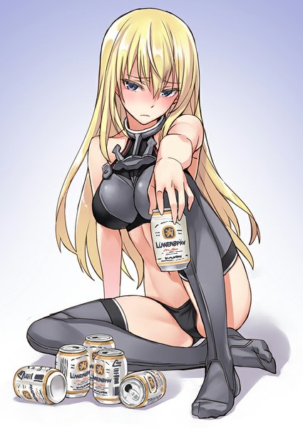Anime picture 708x1000 with kantai collection bismarck battleship matsuryuu single long hair tall image looking at viewer blush light erotic simple background blonde hair sitting bare belly grey eyes no shoes girl thighhighs underwear panties alcohol
