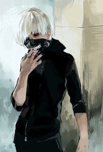 Anime picture 900x1328 with tokyo ghoul studio pierrot kaneki ken g.g.lemon single tall image looking at viewer fringe short hair red eyes standing white hair head tilt fingernails hair over one eye black sclera boy hood ring mask