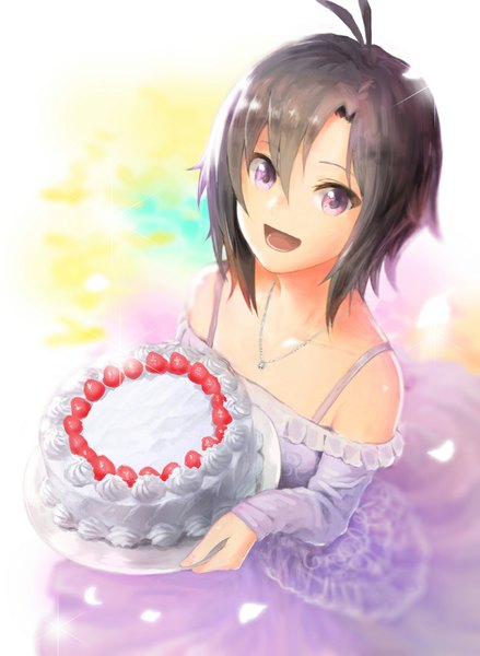 Anime picture 800x1092 with idolmaster kikuchi makoto meto31 single tall image looking at viewer short hair open mouth smile brown hair purple eyes bare shoulders ahoge girl dress petals food sweets pendant berry (berries)