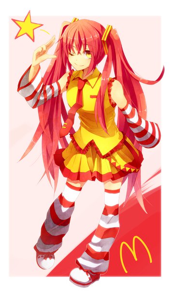 Anime picture 540x919 with vocaloid mcdonald's hatsune miku nanao mugi single long hair tall image looking at viewer fringe simple background smile hair between eyes standing twintails yellow eyes payot full body red hair pleated skirt one eye closed