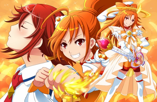 Anime picture 1300x845 with precure smile precure! toei animation hino akane (smile precure!) cure sunny seven (11) long hair short hair smile red eyes multiple girls red hair eyes closed orange hair multiple persona princess form (smile precure!) girl dress 3 girls fire