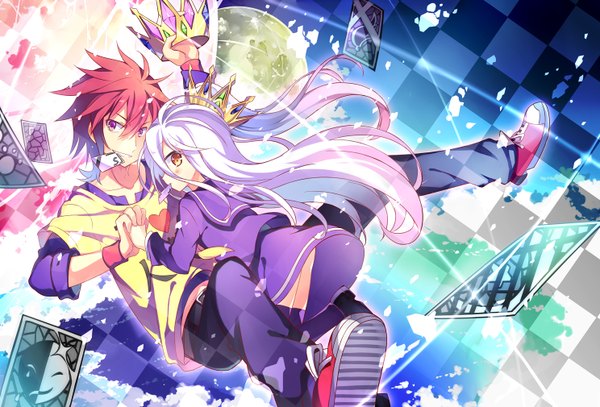 Anime picture 1488x1010 with no game no life madhouse shiro (no game no life) sora (no game no life) kinoshita neko long hair looking at viewer blush short hair hair between eyes holding purple hair red hair pink eyes looking back orange eyes mouth hold holding hands checkered weightlessness