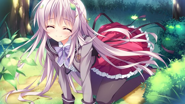 Anime picture 1280x720 with shukufuku no kane no oto wa kitazono saya anapom long hair blush smile wide image game cg white hair eyes closed girl uniform serafuku leaf (leaves)