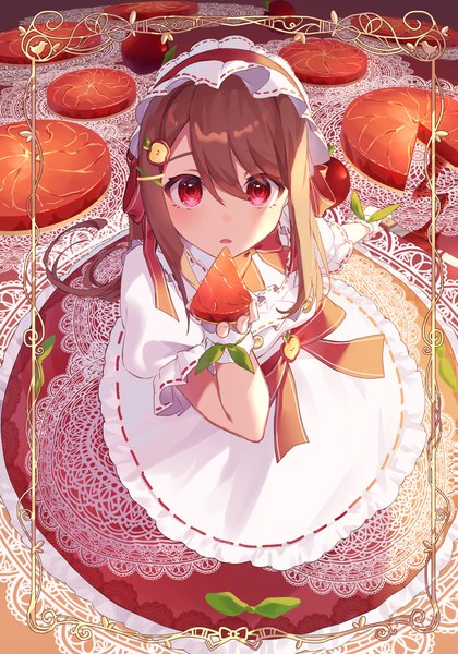 Anime picture 2100x3000 with original kurobikari single long hair tall image looking at viewer fringe highres hair between eyes brown hair holding pink eyes from above puffy sleeves framed girl hair ornament food sweets bobby pin