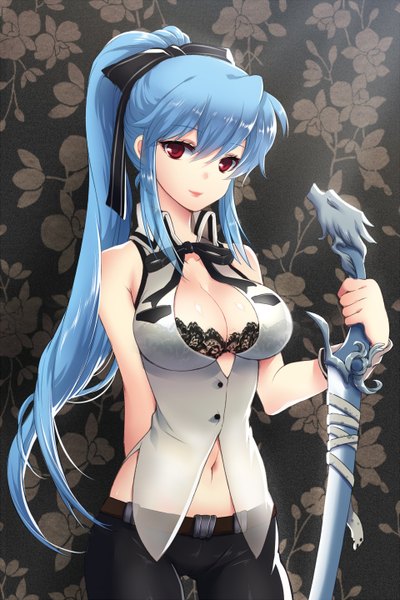 Anime picture 960x1440 with sword girls luthica preventer bittersweet (dalcoms) single long hair tall image looking at viewer blush fringe breasts light erotic red eyes large breasts blue hair cleavage ponytail lips lipstick body blush girl