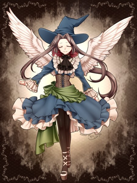 イラスト 1080x1440 と オリジナル 魂神 ソロ 長髪 長身像 茶色の髪 eyes closed angel wings witch 女の子 ドレス パンスト 翼 縁飾り 魔法の帽子