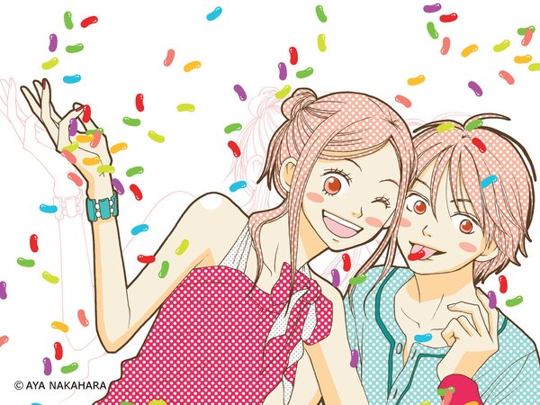 Anime picture 1024x768 with lovely complex toei animation koizumi risa ootani atsushi nakahara aya long hair looking at viewer blush short hair open mouth smile brown eyes signed nail polish one eye closed wink couple :p polka dot blush stickers