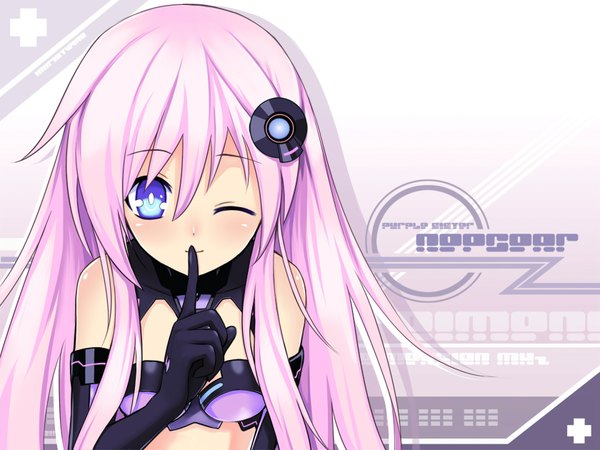 Anime picture 1680x1260 with choujigen game neptune hyperdimension neptunia mk2 purple sister ranoha kairistwins single long hair blush blue eyes smile bare shoulders pink hair one eye closed wink girl gloves elbow gloves