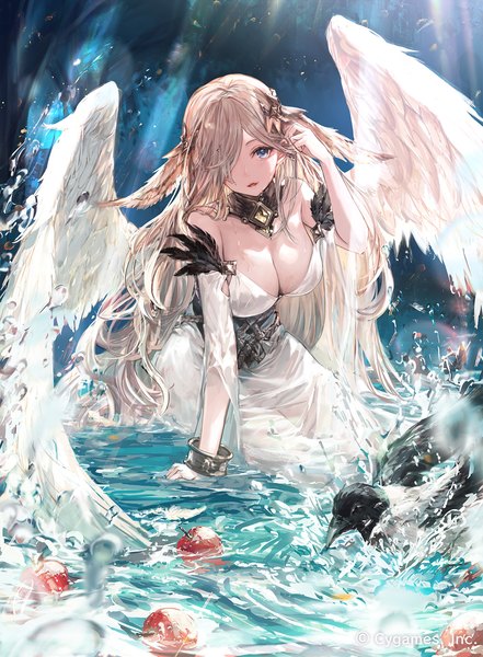 Anime picture 1200x1634 with shadowverse makihitsuji single long hair tall image looking at viewer fringe breasts open mouth blue eyes light erotic blonde hair large breasts sitting arm up hair over one eye arm support official art partially submerged wet clothes