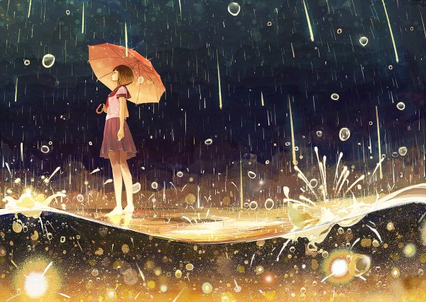 Anime picture 1200x850 with original gemi single short hair brown hair brown eyes looking away pleated skirt barefoot rain girl skirt serafuku umbrella