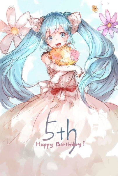 Anime picture 767x1136 with vocaloid hatsune miku junwool single long hair tall image looking at viewer blush open mouth blue eyes twintails blue hair happy birthday girl dress gloves flower (flowers) elbow gloves white gloves white dress