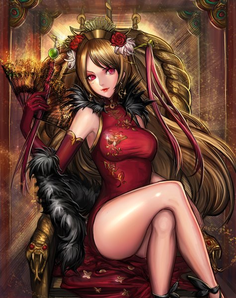 Anime picture 1865x2355 with original sangrde single long hair tall image highres light erotic red eyes brown hair sitting traditional clothes mole legs mole under eye crossed legs chinese clothes girl dress gloves hair ornament