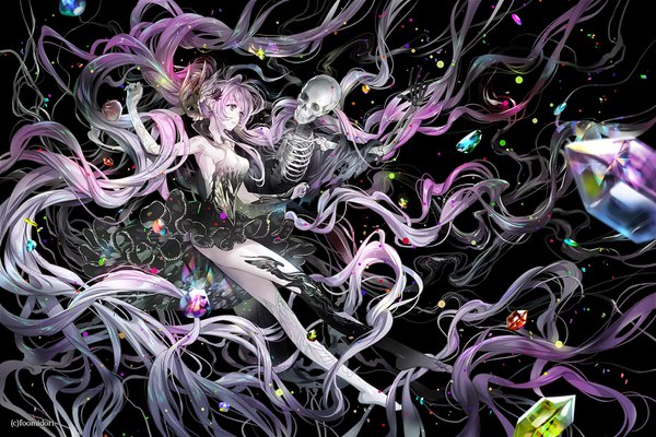 Anime picture 1500x1000 with original midori foo fringe breasts light erotic brown eyes looking away pink hair very long hair nail polish parted lips arm up fingernails grey hair armpit (armpits) no shoes legs gradient background torn clothes black background