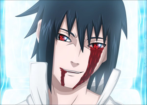 Anime picture 1280x917 with naruto studio pierrot naruto (series) uchiha sasuke slipknot31 single short hair open mouth black hair smile red eyes coloring portrait light face sharingan boy blood