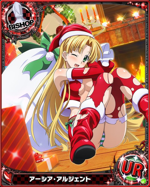 Anime picture 640x800 with highschool dxd asia argento single long hair tall image blush open mouth light erotic blonde hair green eyes bent knee (knees) one eye closed wink torn clothes christmas card (medium) girl thighhighs underwear panties