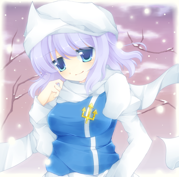 Anime picture 1660x1646 with touhou letty whiterock kyuujou mikuru (artist) single short hair blue eyes purple hair light smile snowing winter snow girl