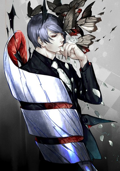 Anime picture 827x1169 with tokyo ghoul studio pierrot tsukiyama shuu nitta single tall image fringe short hair simple background blonde hair holding looking away purple hair lips mouth hold boy flower (flowers) petals necktie rose (roses)
