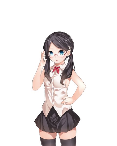 Anime picture 800x1000 with original ray-akila single long hair tall image looking at viewer blush open mouth blue eyes black hair simple background standing white background twintails sleeveless hand on hip adjusting hair girl thighhighs skirt