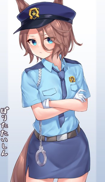 Anime picture 2525x4343 with umamusume narita taishin (umamusume) pizza (pizzania company) single tall image looking at viewer fringe highres short hair blue eyes simple background hair between eyes brown hair standing animal ears tail animal tail alternate costume text crossed arms