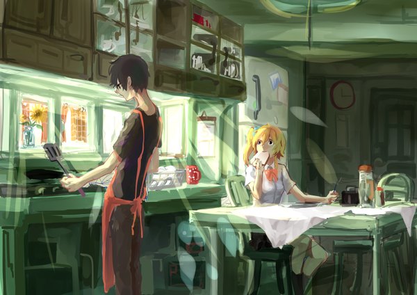 Anime picture 3507x2480 with kagerou project shaft (studio) kisaragi shintarou kisaragi momo yelsh long hair highres short hair black hair blonde hair standing sitting brown eyes looking away absurdres ponytail black eyes sunlight side ponytail eating