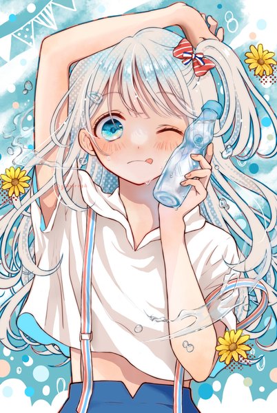 Anime picture 998x1490 with original ginniroya single long hair tall image looking at viewer blush signed silver hair one eye closed arm up aqua eyes twitter username one side up girl flower (flowers) bow hair bow hairclip bottle