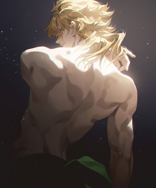 Anime picture 833x1000 with jojo no kimyou na bouken dio brando fajyobore single long hair tall image looking at viewer fringe blonde hair hair between eyes yellow eyes upper body profile from behind mole turning head scar topless joestar birthmark boy