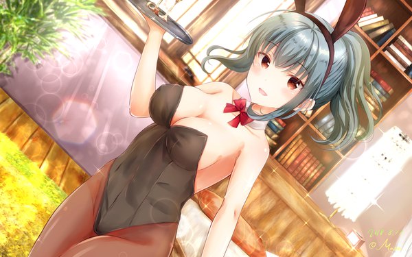 Anime picture 1920x1200 with girlfriend (kari) shinomiya risa masa (mirage77) single long hair looking at viewer blush fringe highres breasts open mouth light erotic bare shoulders brown eyes animal ears payot cleavage ponytail :d grey hair