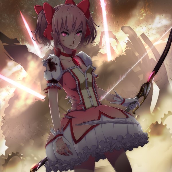 Anime picture 1440x1440 with mahou shoujo madoka magica shaft (studio) kaname madoka niketora (artist) single short hair pink hair pink eyes torn clothes glowing glowing eye (eyes) destruction girl gloves bow weapon hair bow blood collar bow (weapon)