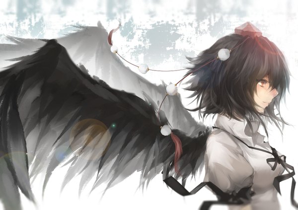 Anime picture 1700x1200 with touhou shameimaru aya rotain single fringe short hair black hair smile brown eyes looking away profile short sleeves puffy sleeves black wings girl ribbon (ribbons) wings pom pom (clothes) tokin hat