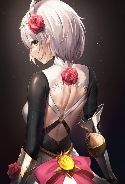 Anime picture 872x1287 with genshin impact noelle (genshin impact) lunacle single tall image looking at viewer fringe short hair simple background hair between eyes standing green eyes payot silver hair upper body braid (braids) parted lips profile hair flower from behind
