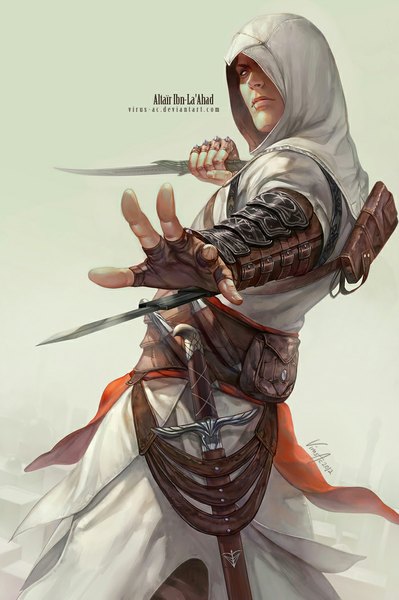 Anime picture 700x1052 with assassin's creed (game) altair ibn la-ahad virus-ac74 single tall image looking at viewer simple background standing holding lips realistic shadow boy gloves weapon sword fingerless gloves hood fanny pack dagger